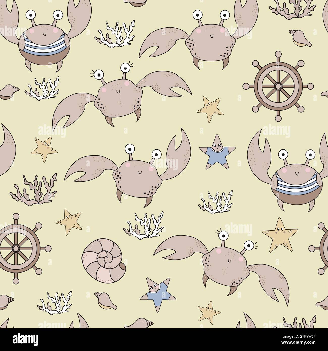 Seamless patterns with marine life. Cute funny crabs and corals ...