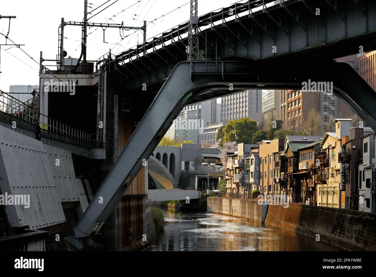 Scenery of the Kanda River flowing through the town near Ochanomizu, where the old streets of Japan remain Stock Photo