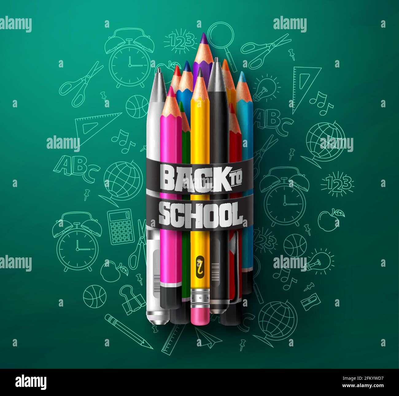 https://c8.alamy.com/comp/2FKYWD7/back-to-school-vector-concept-design-back-to-school-text-with-art-supplies-in-hand-drawn-background-with-colorful-pencils-in-green-background-2FKYWD7.jpg