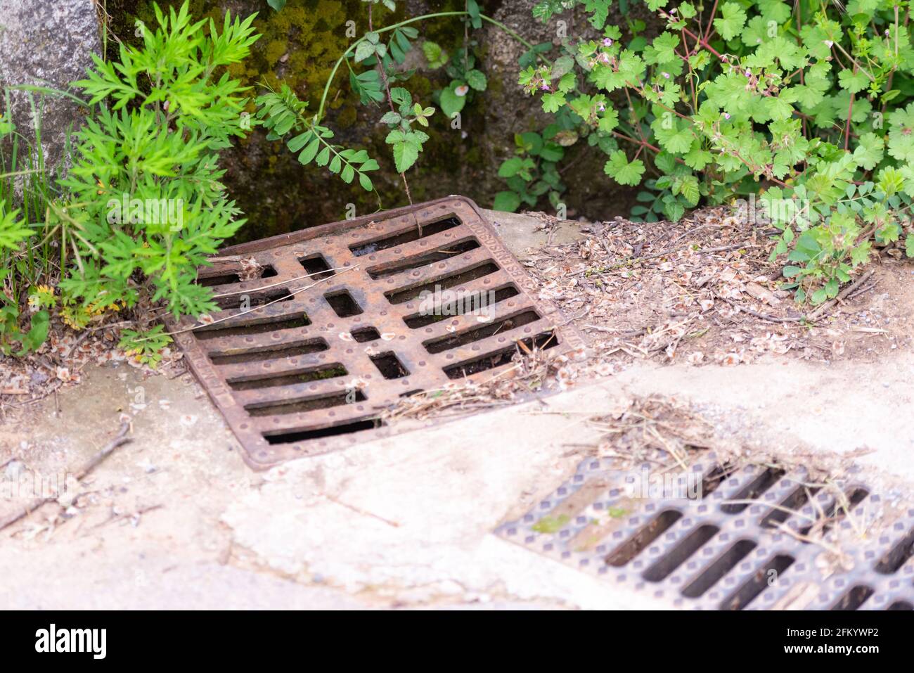 Storm grates on the village road. Metal grilles for collecting rainwater from the road. Stock Photo