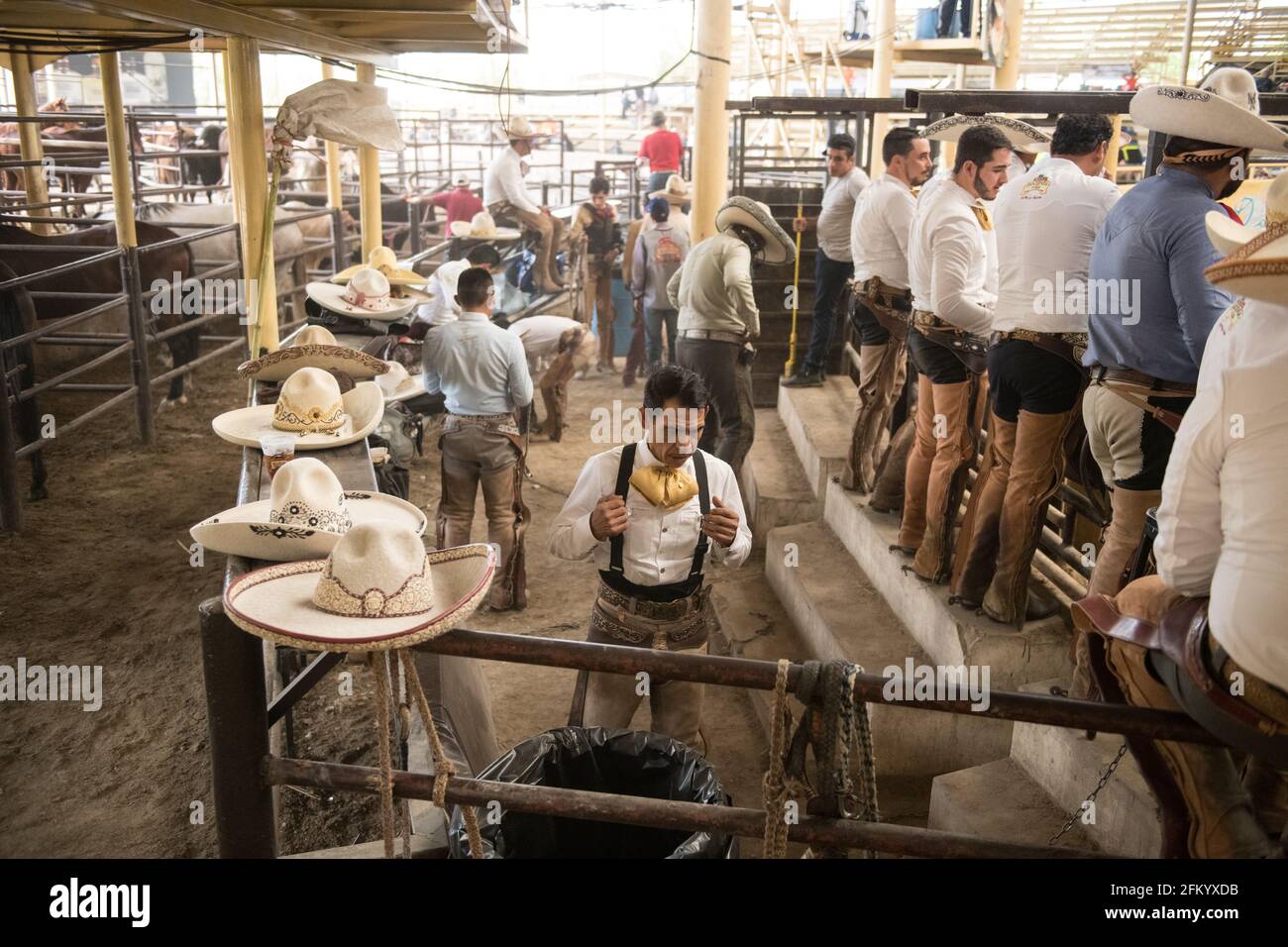 Charros prepare backstage for the charreada competition at the campeonato millonario lienzo de charro in Tlajomulco de Zuniga, Jalisco, Mexico. Stock Photo