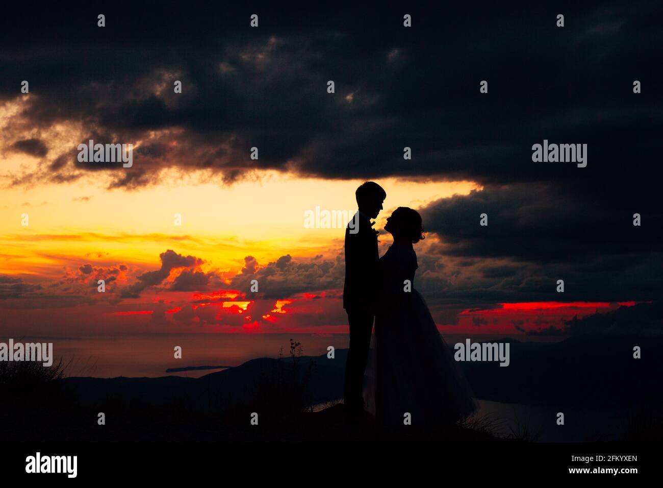 Silhouettes of the bride and groom holding hands at dusk, standing on ...