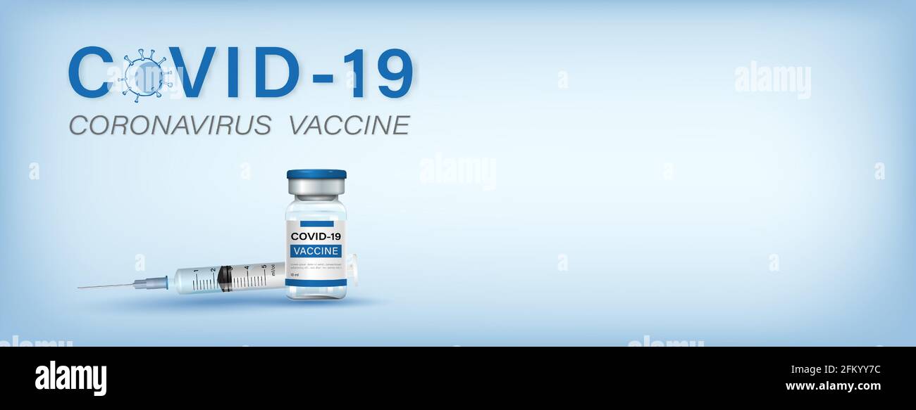 Covid-19 vaccine bottle with syringe and needle in light blue banner ...
