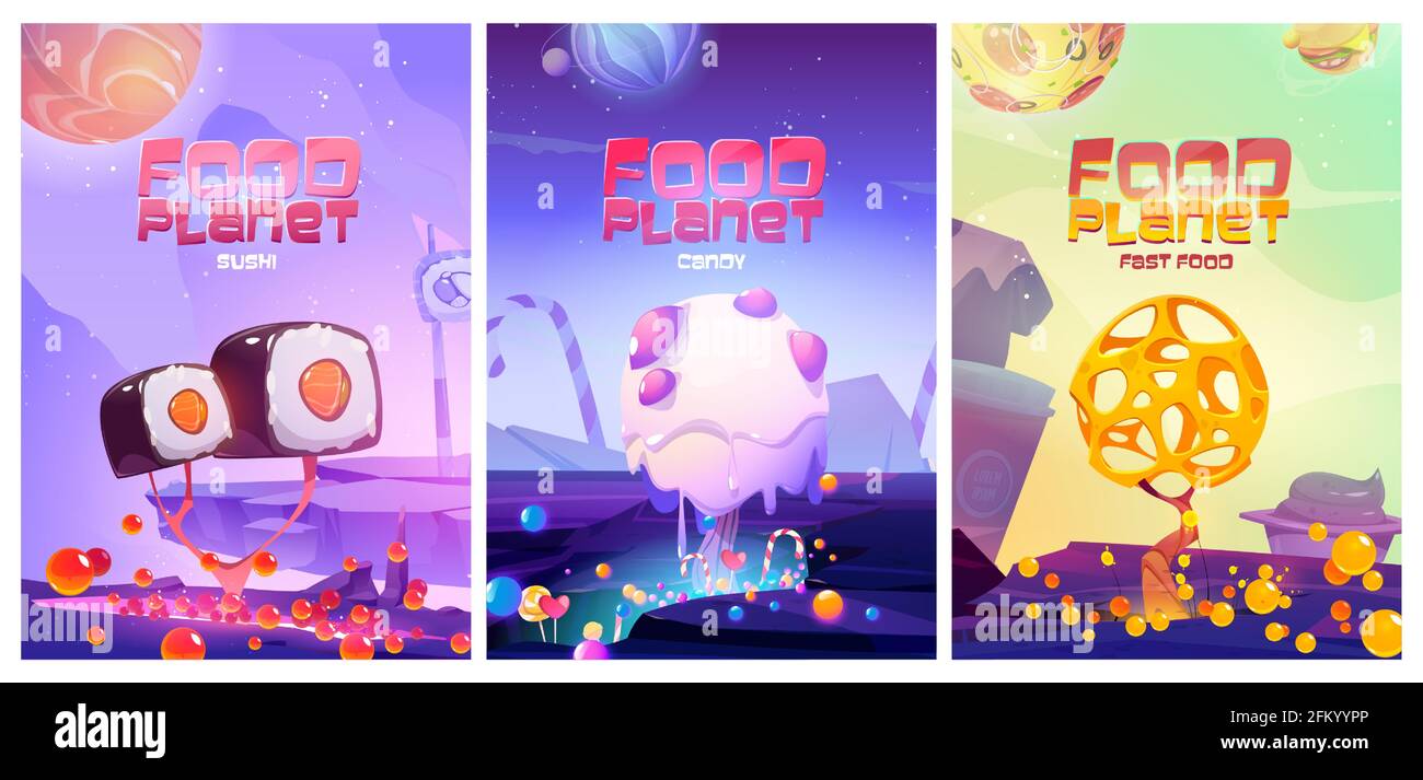 Food posters with fantasy landscape with sushi, fast food, candy