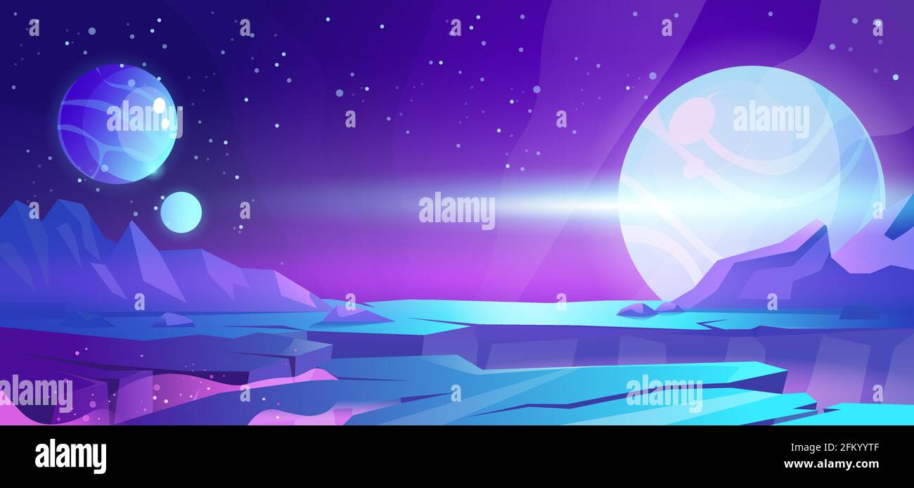 Cosmic background, alien planet deserted landscape with mountains, rocks, deep cleft and stars shine in space. Extraterrestrial computer game backdrop, parallax effect cartoon vector illustration Stock Vector