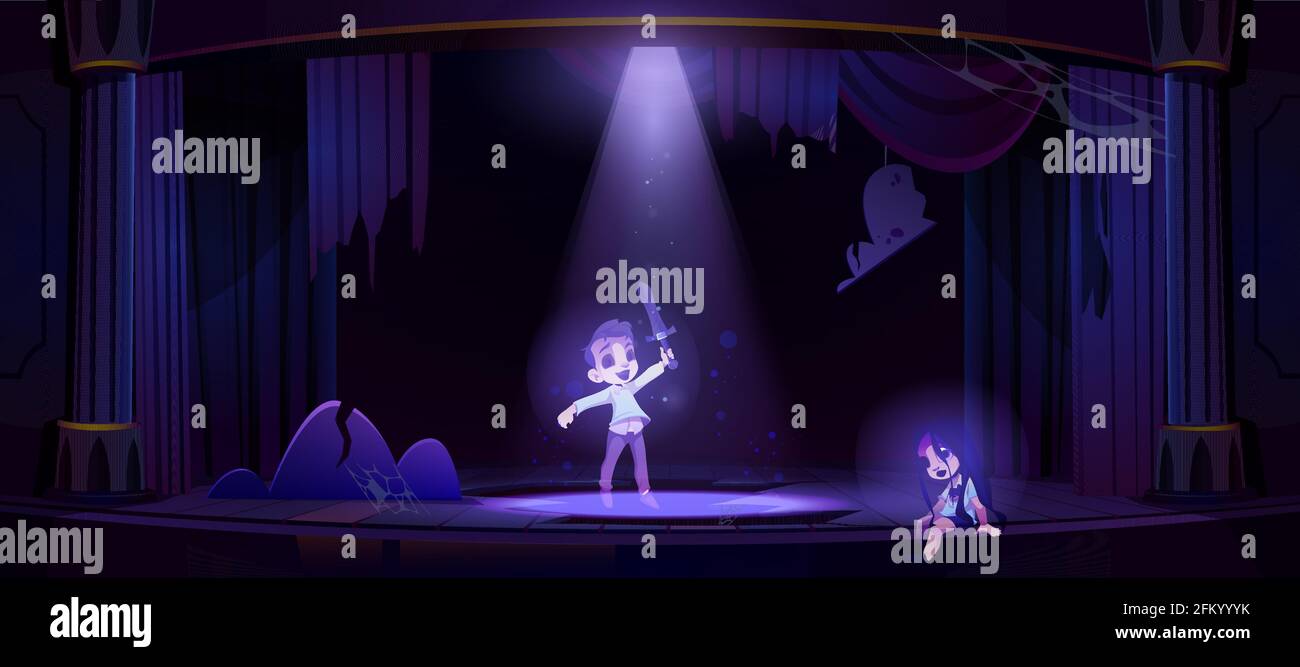 Ghosts of kids on old theater stage at night. Vector cartoon illustration of dead girl and boy spirits in abandoned dark opera theatre with spotlight, broken wooden floor and torn curtains Stock Vector