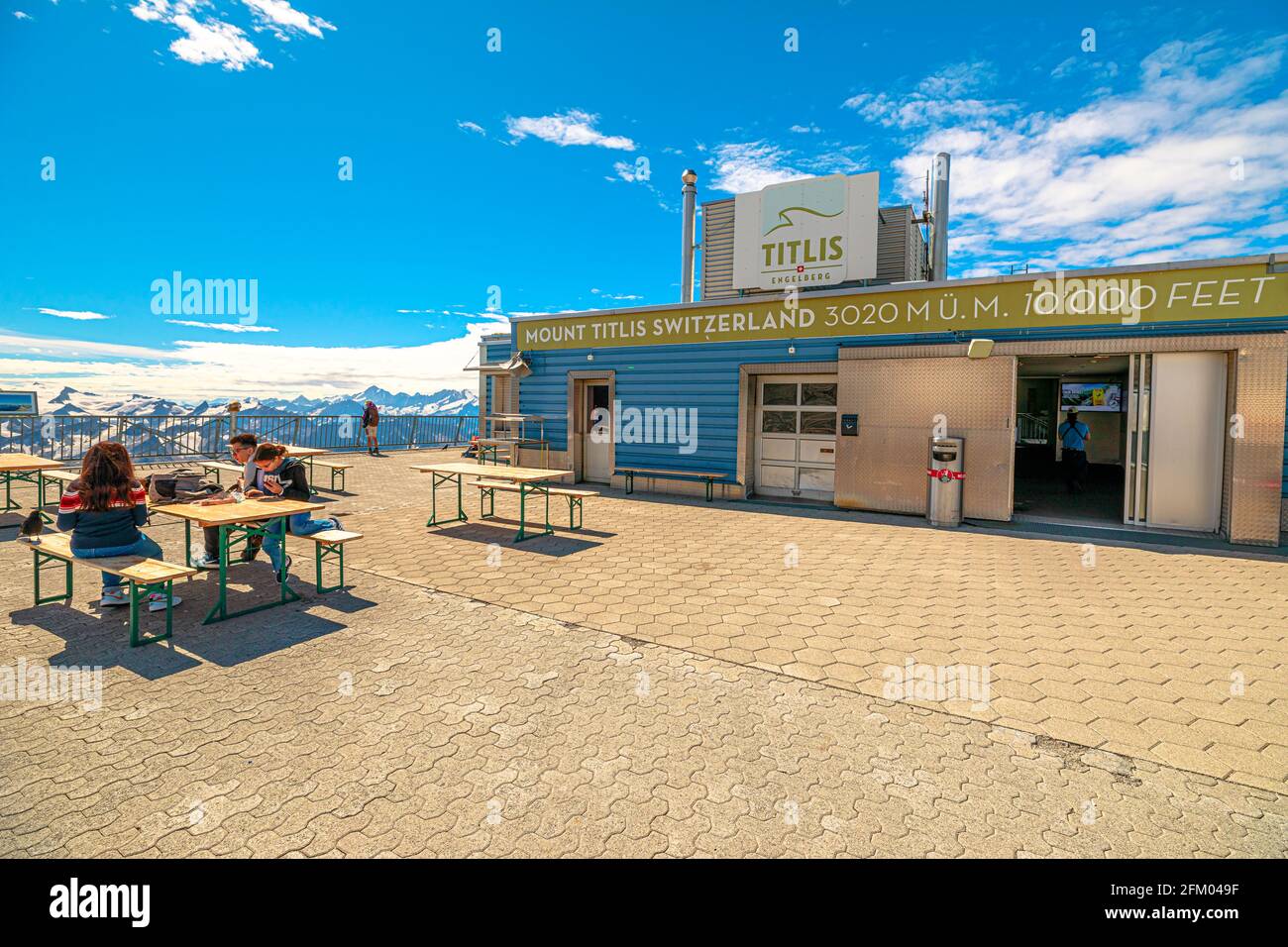 Titlis, Engelberg, Switzerland - Aug 27, 2020: rooftop restaurant on the top of Titlis peak cable car station. Located in cantons of Obwalden and Bern Stock Photo