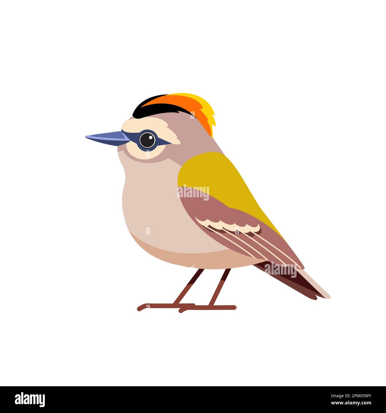 Goldcrest is a very small passerine bird in the kinglet family. Tiny bird Cartoon flat style beautiful character of ornithology, vector illustration Stock Vector