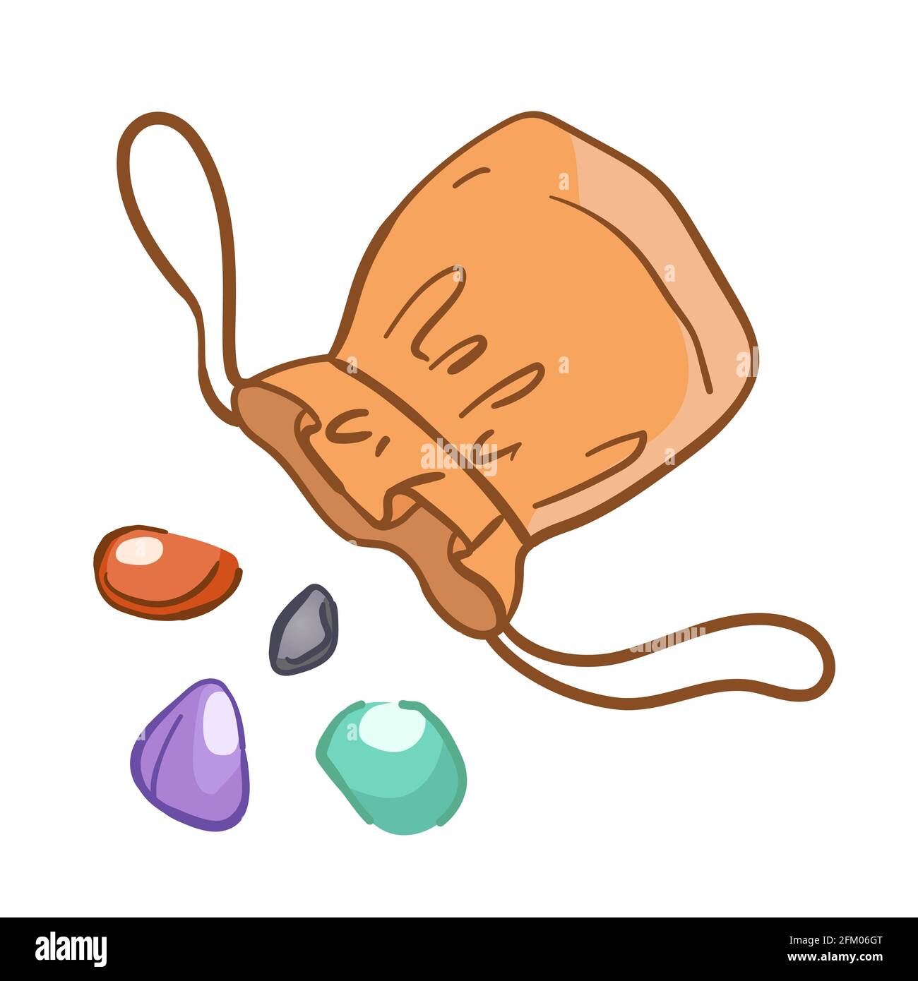 Equipment for Crystal Healing - little bag with gem pebbles. Hand drawn lithotherapy tool, isolated vector, white background Stock Vector