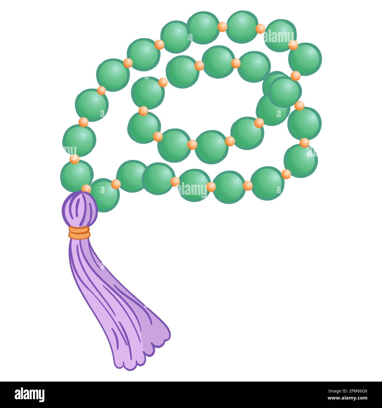 Green Jasper bracelet with silk tassel - hand drawn isolated vector on white background. Mineral beads jewelry for lithotherapy and crystal healing Stock Vector