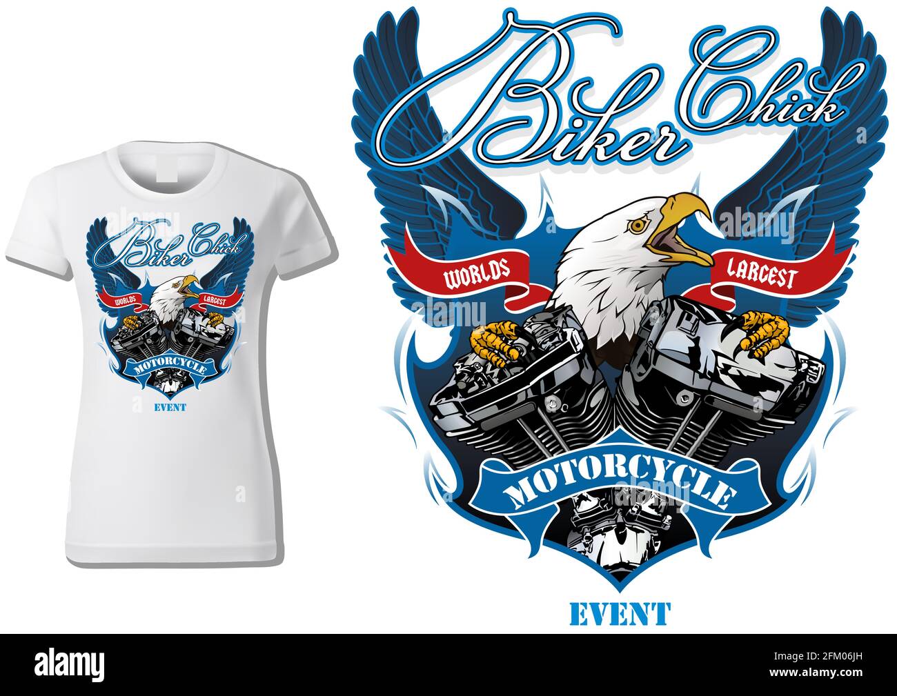T-shirt Design for Biker Chick with Eagle and Engine Stock Vector