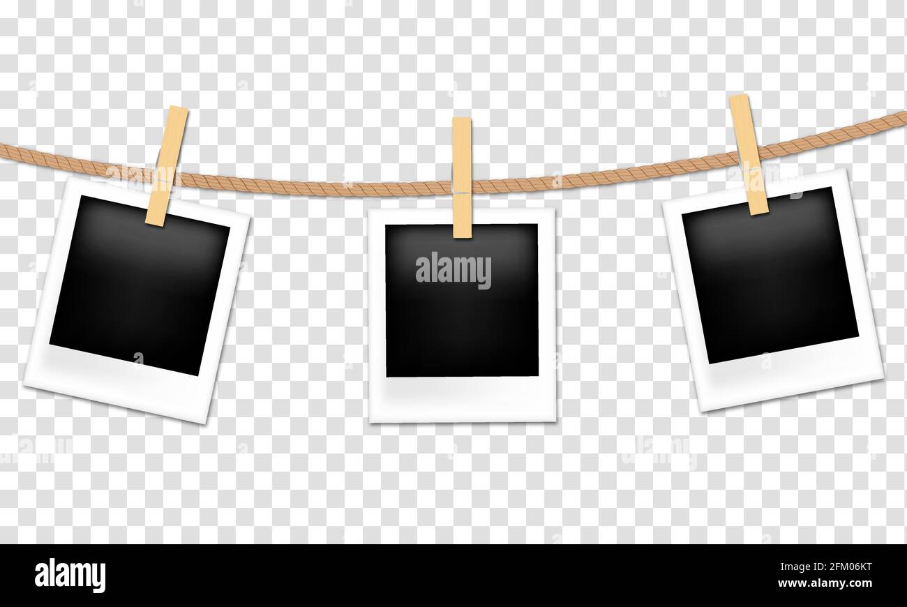 Photo frames hanging on rope with clothespins. Vector illustration