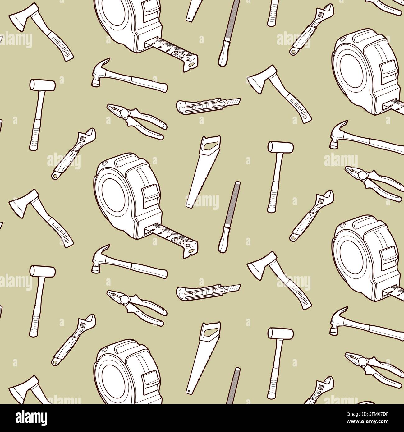 Seamless pattern. Working tools icon set vector illustration line art on beige background Stock Vector