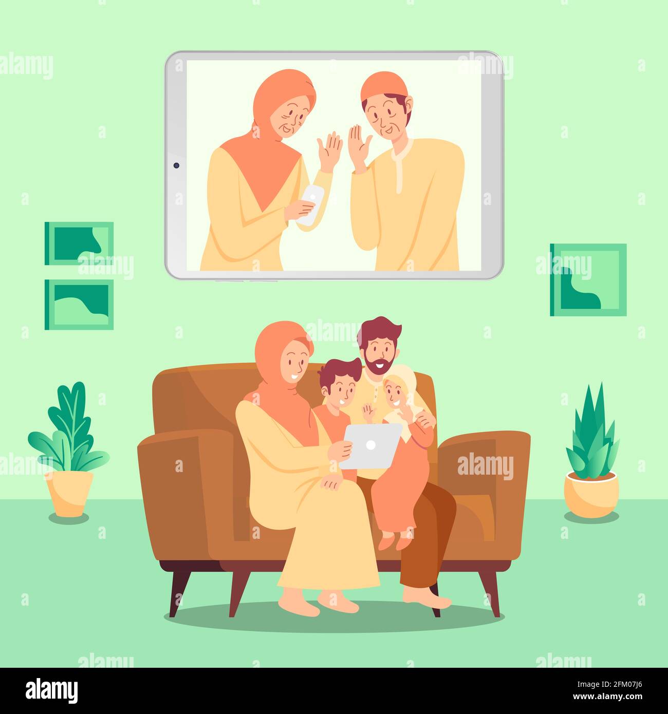 muslim family blessing Eid mubarak to grandparents through smart phone  screens using video call during Covid-19 pandemic Stock Vector Image & Art  - Alamy