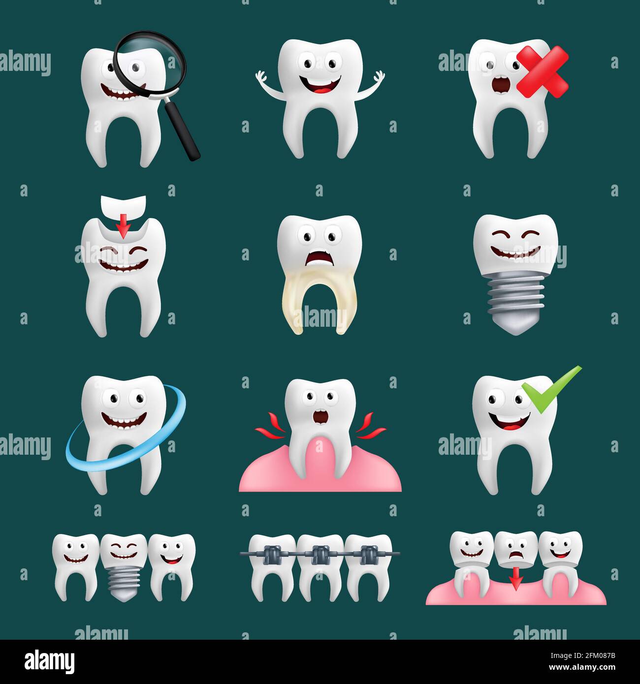 Smiling teeth vector set with different elements. Cute character with ...