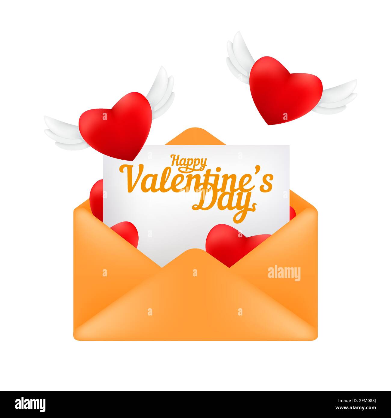 Envelope with a letter and flying red hearts with angel wings. Valentine's day greeting card concept vector illustration isolated on a white backgroun Stock Vector