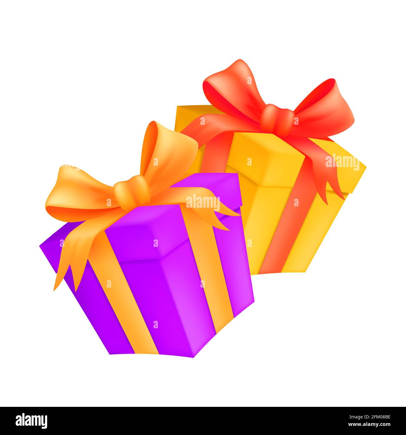 Two gift boxes with golden and red ribbons and bows. Vector