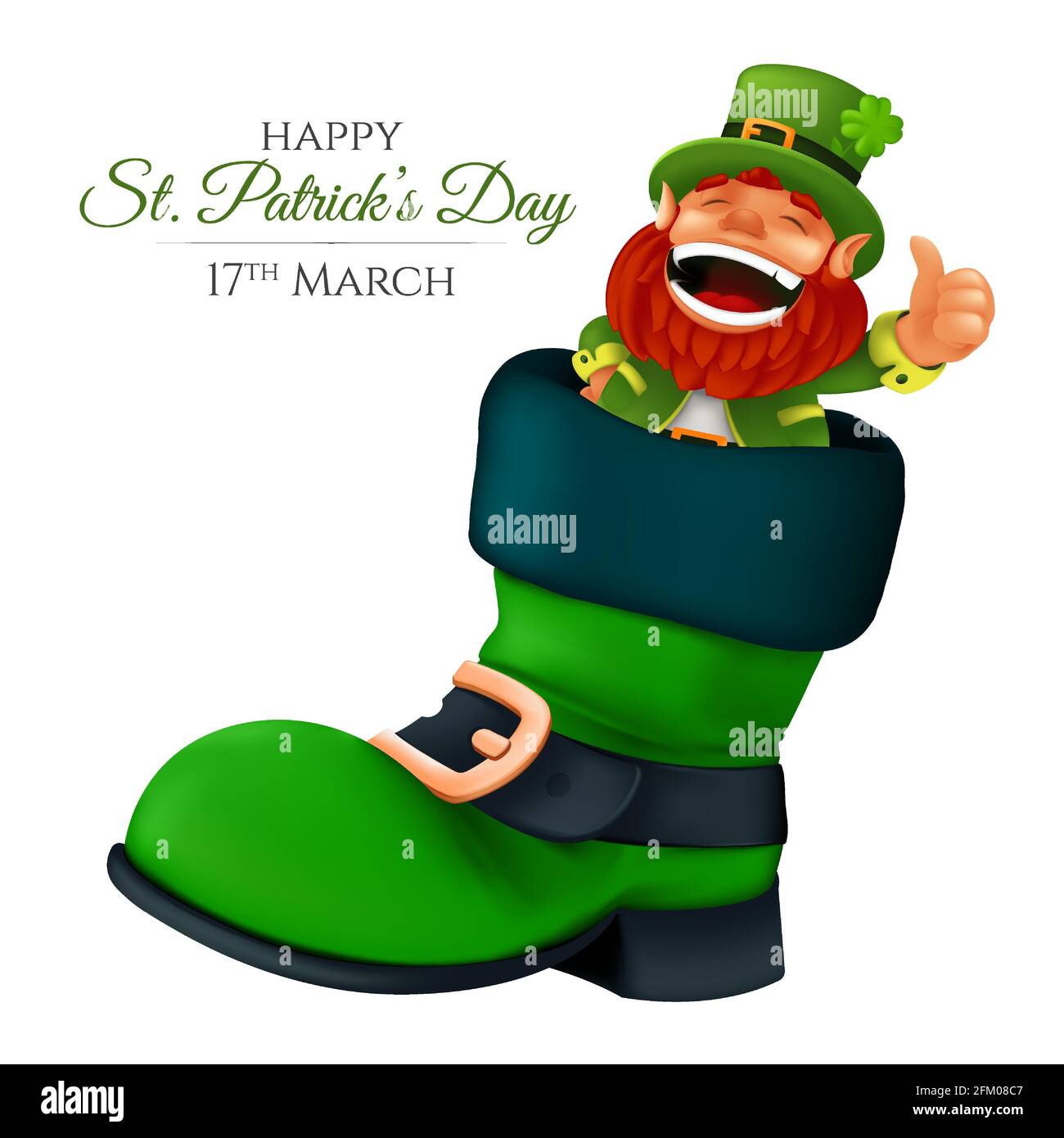 Cute bearded leprechaun peeking from the boot and showing thumbs up. Vector illustration of laughing dwarf mascot for Saint Patrick's Day isolated on Stock Vector