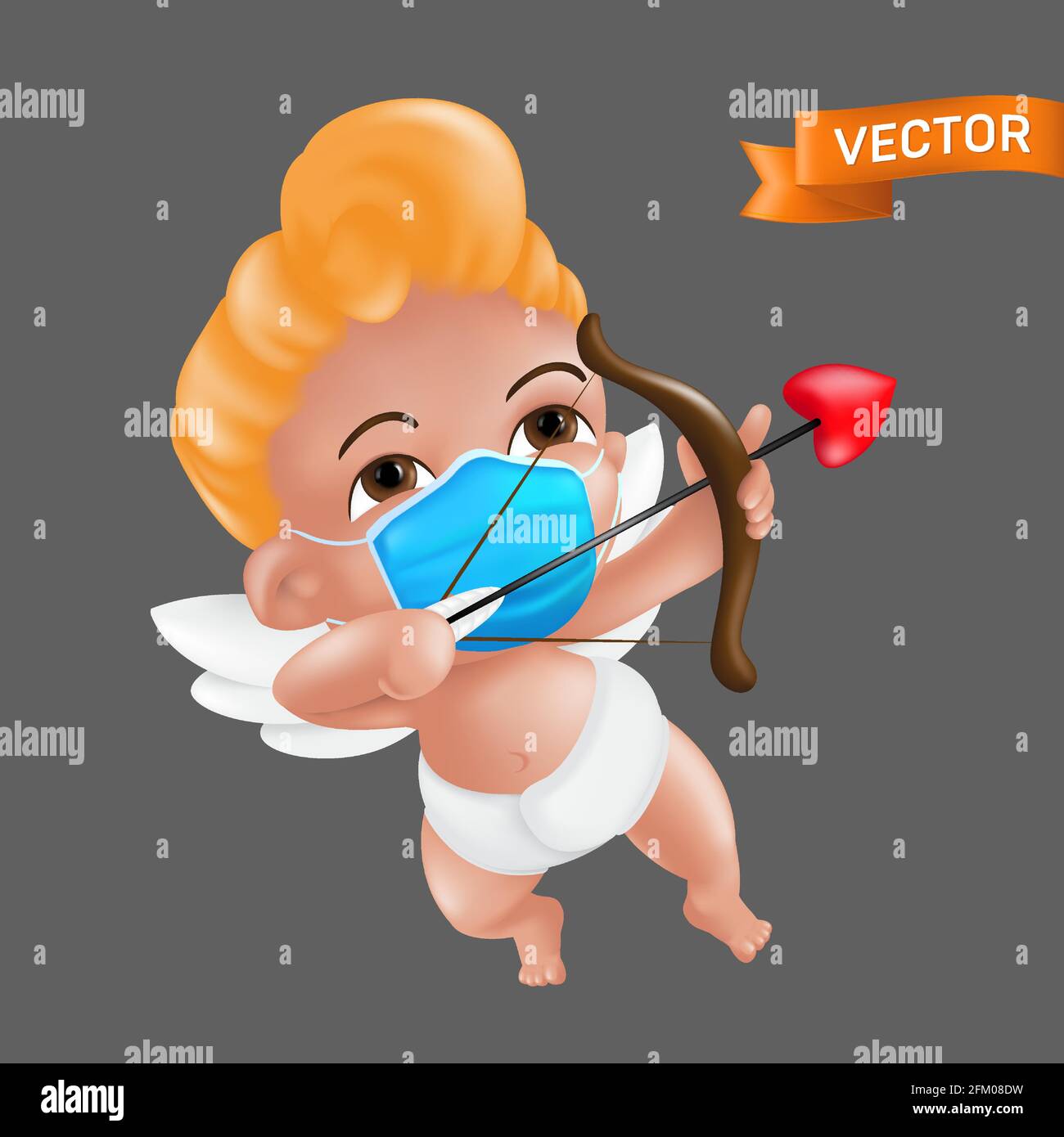 Shooting and aiming little cupid character with a bow and a heart shaped arrow. Vector illustration of a baby cherub mascot wearing a protective face Stock Vector