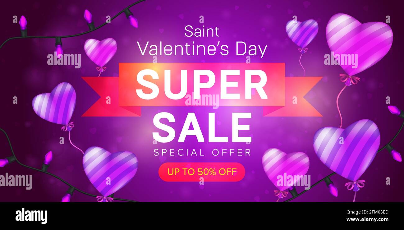 Saint Valentine's day special offer horizontal flyer template or advertising super sale banner design. Vector illustration of flying striped balloons Stock Vector