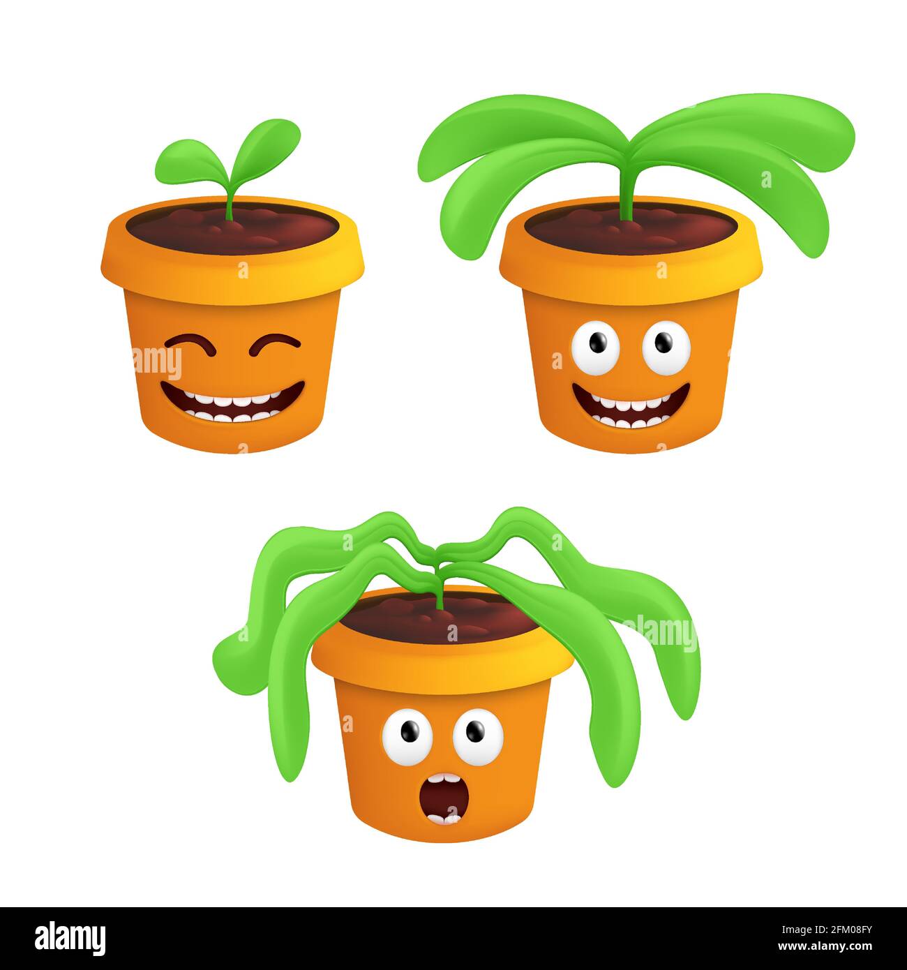 Stages of growth and wilting of a potted houseplant. Vector illustration with different flowerpot emotions isolated on white background Stock Vector
