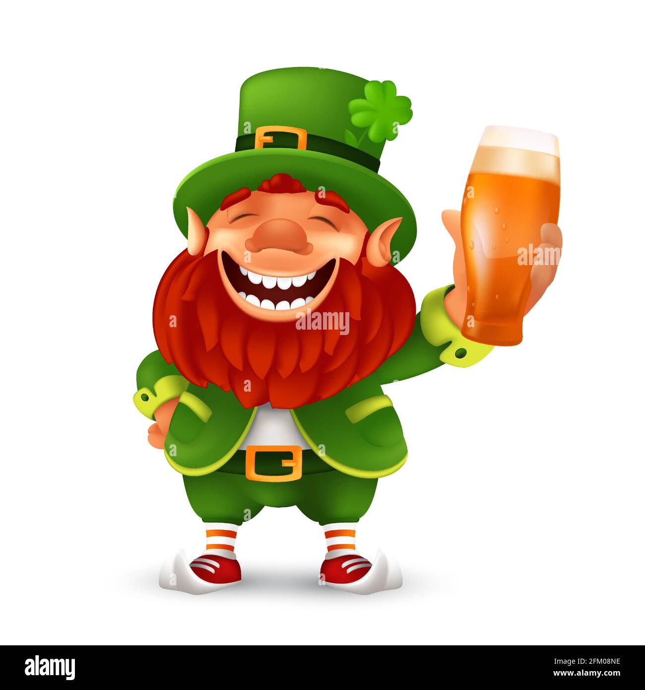 Funny laughing Leprechaun wearing cylinder with a shamrock flower and holding light beer glass. Vector mascot character illustration to Saint Patrick' Stock Vector