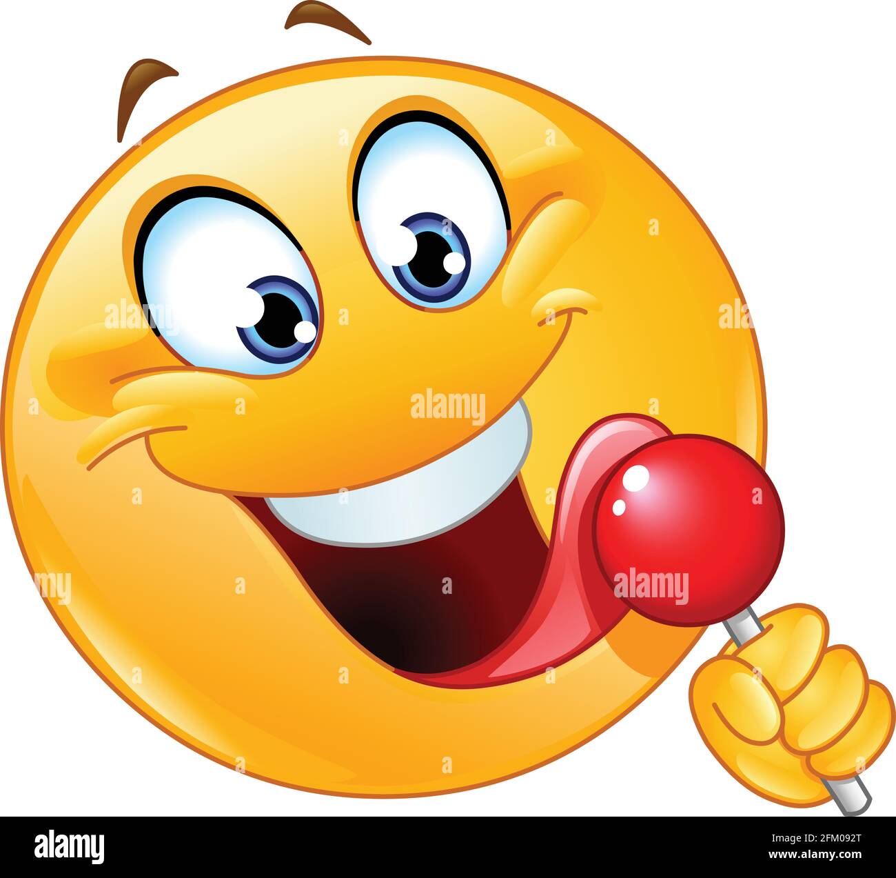 Happy emoji emoticon licking a red lollipop Stock Vector