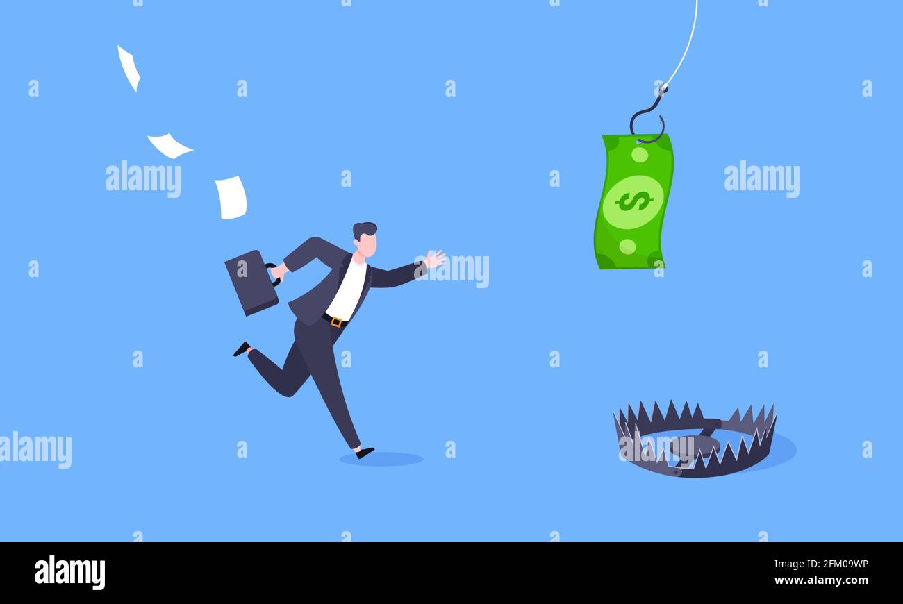 Fishing money chase business concept with businessman running after dangling dollar and trying to catch it. Stock Vector