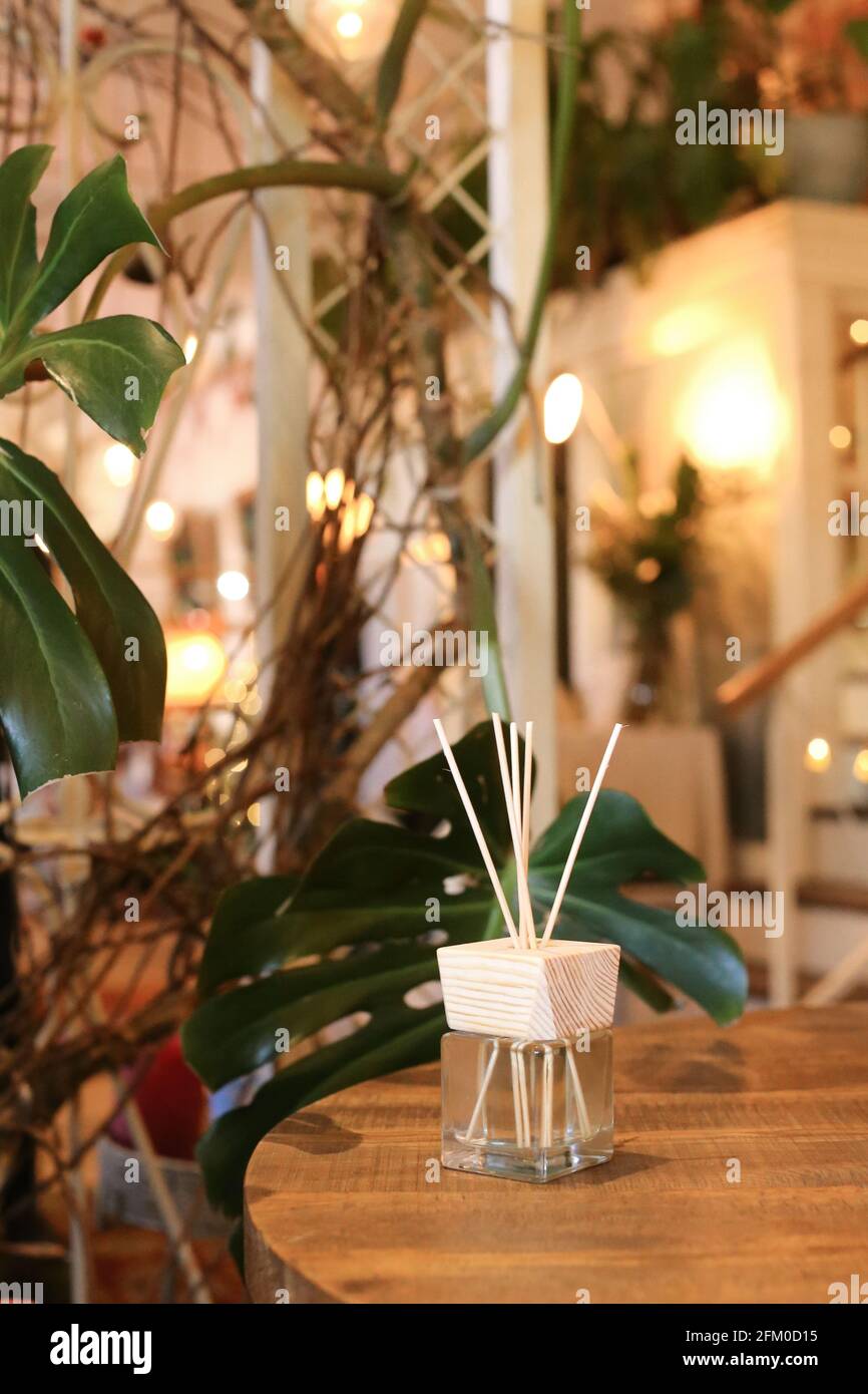 Aromatherapy reed diffuser air freshener on relaxed spa background ...