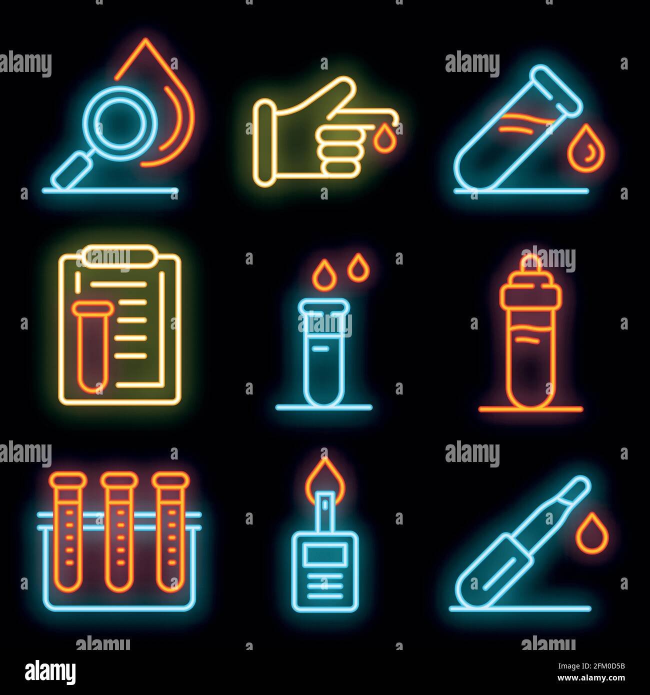 Blood test icons set. Outline set of blood test vector icons neoncolor on black Stock Vector