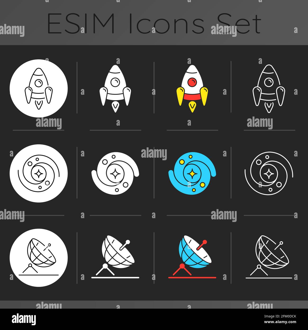 Astronautic dark theme icons set Stock Vector