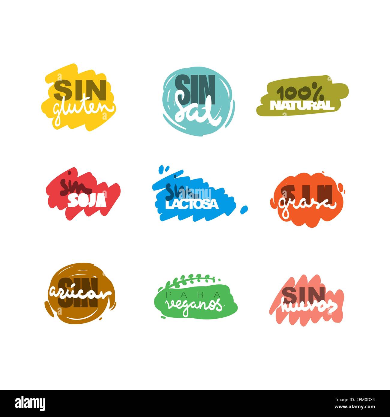 Food allergic icons set. Colored labels hand drawing in Spanish. Lactose free, sugar free, gluten free, salt free, egg free, soy free, fat free, veget Stock Vector