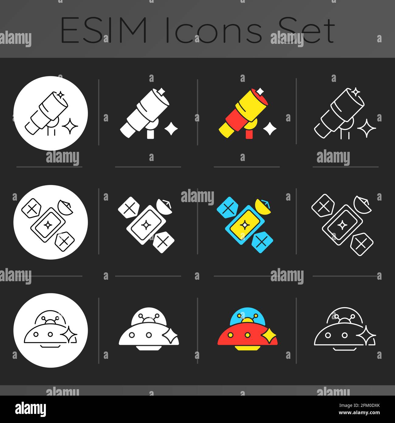 Astronautic dark theme icons set Stock Vector