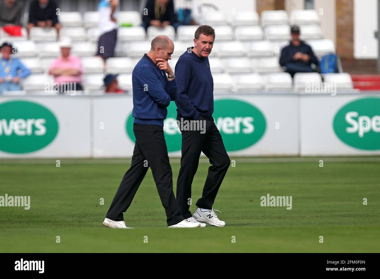 Umpires Rob Bailey and Mike Burns inspect the outfield during Essex CCC vs Hampshire CCC, Specsavers County Championship Division 1 Cricket at The Clo Stock Photo