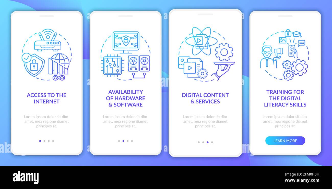 Digital inclusion components navy onboarding app page screen with concepts Stock Vector