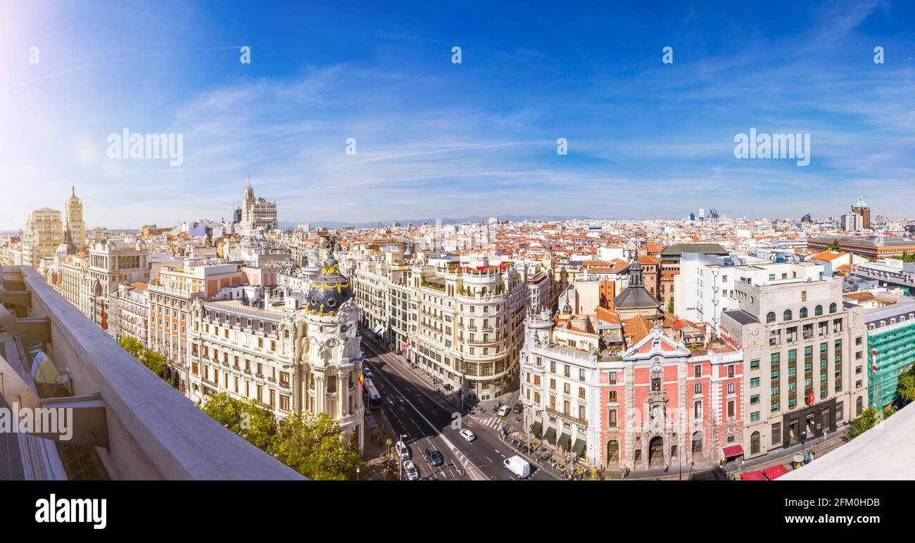 Madrid skyline. Panorama over the capital of Spain with a view of the Gran Via and the Metropolis house. Stock Photo