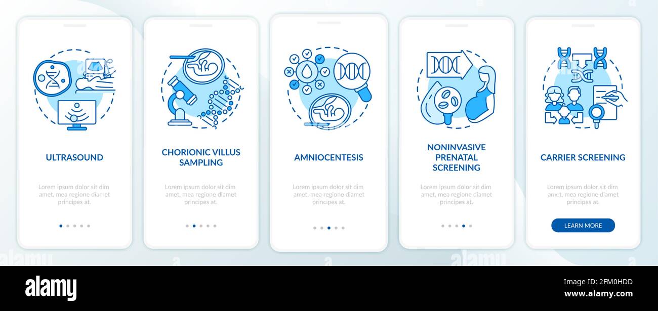 Genetic diseases testing blue onboarding mobile app page screen with concepts Stock Vector
