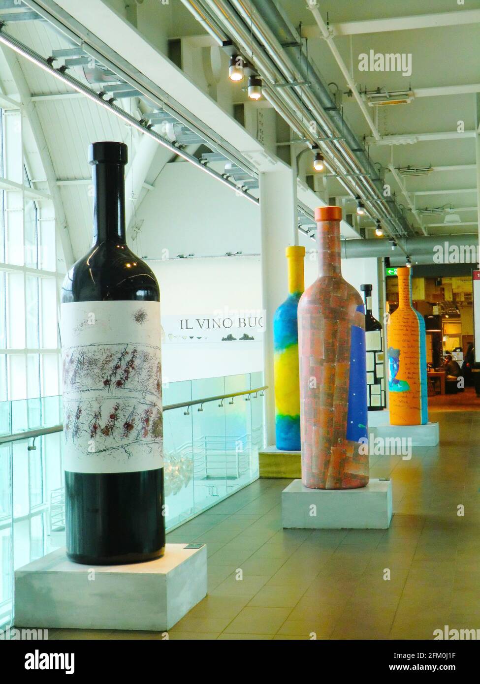 Artistic Giant Bottles of wine exposed at Eataly, Rome, Italian Food