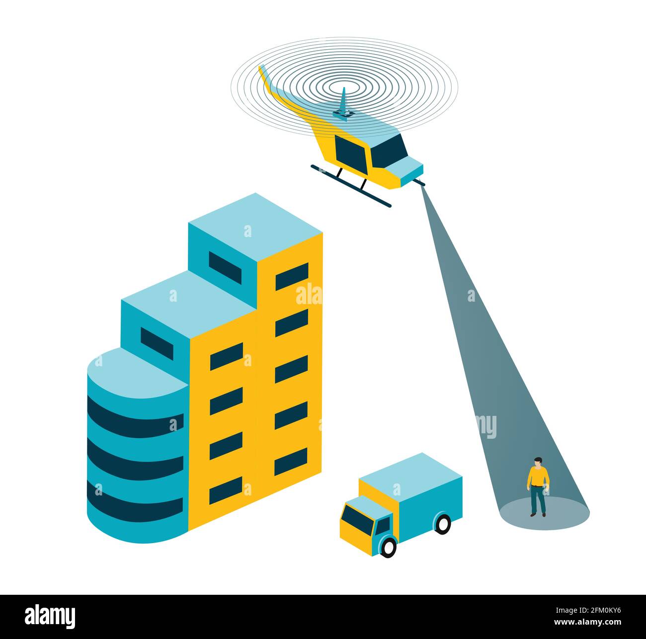 helicopter in isometric view with man and car Stock Vector