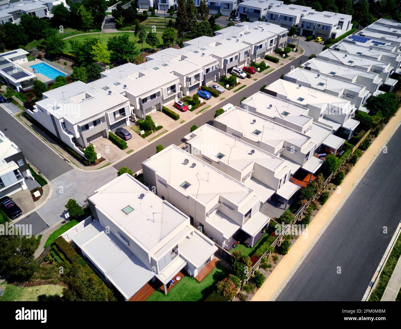 Aerial of modern housing estates with private roads in Kellyville