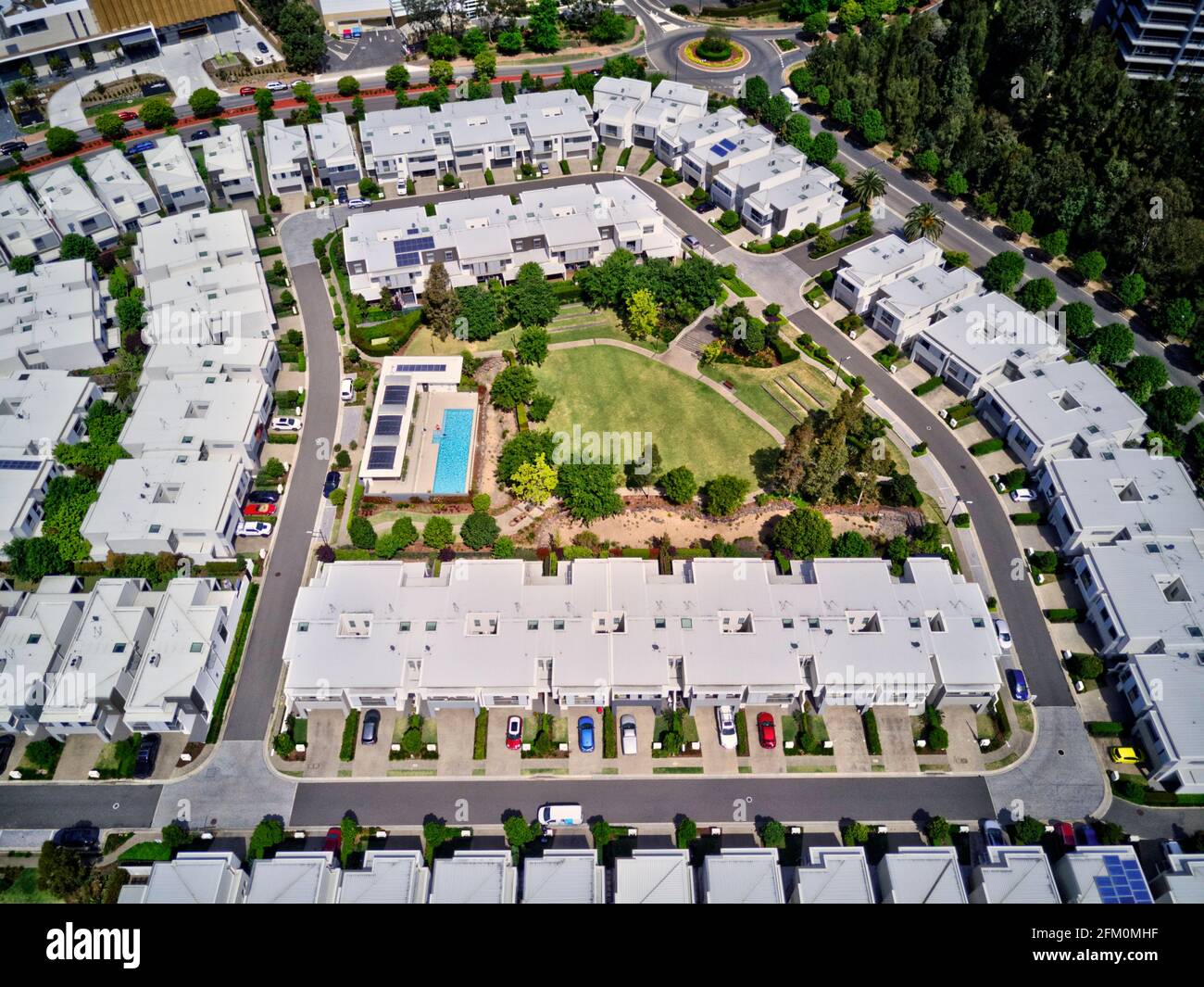 Aerial of modern housing estates with private roads in Kellyville