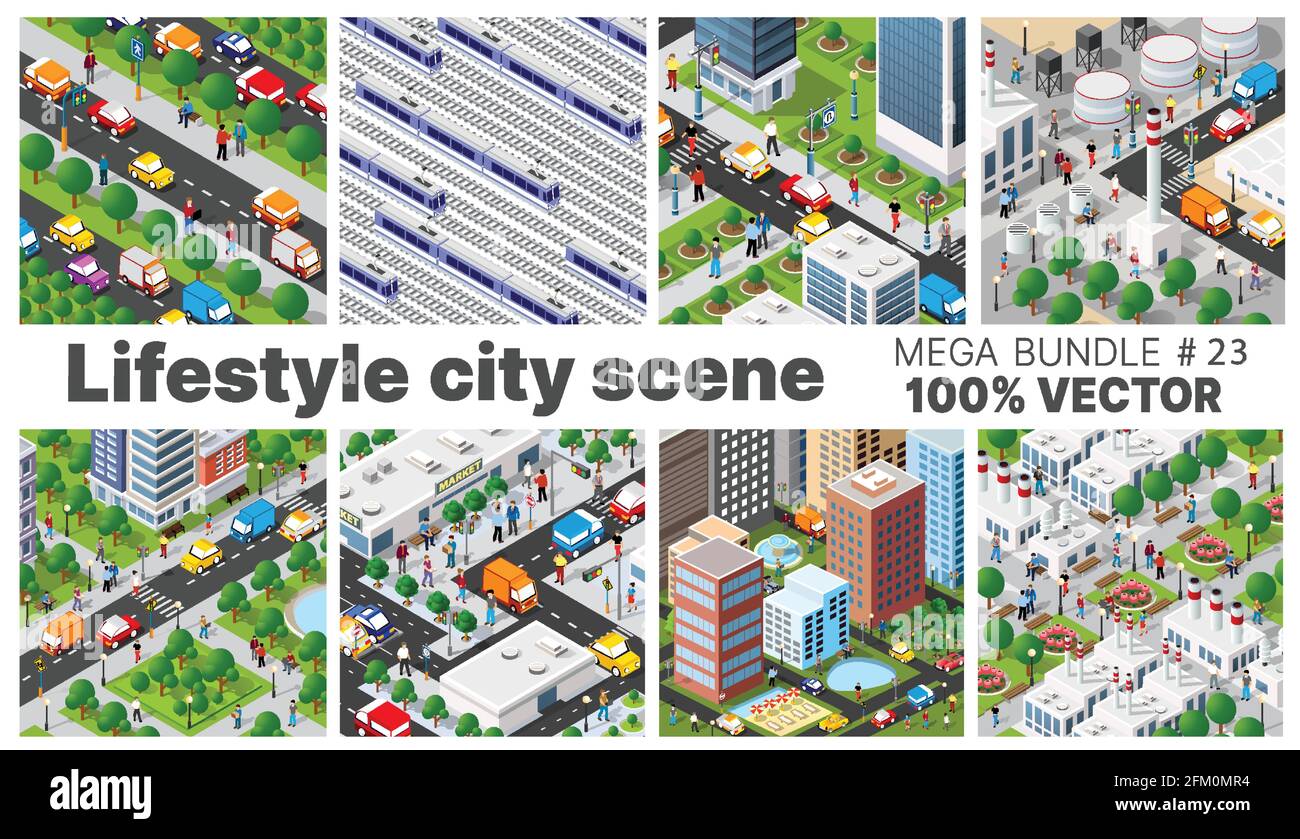 The city's lifestyle scene set illustrations on urban Stock Vector