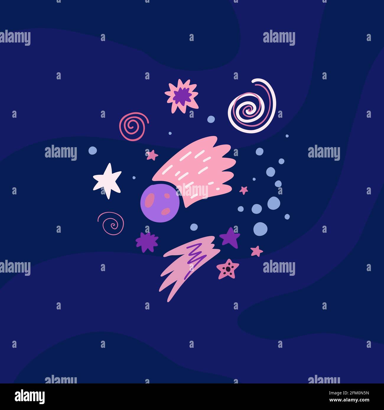 Childrens illustration of a meteorite, shooting star, stars and curls on dark violet background. Cosmic luminaries. Galaxy. Vector hand drawn flat ill Stock Vector
