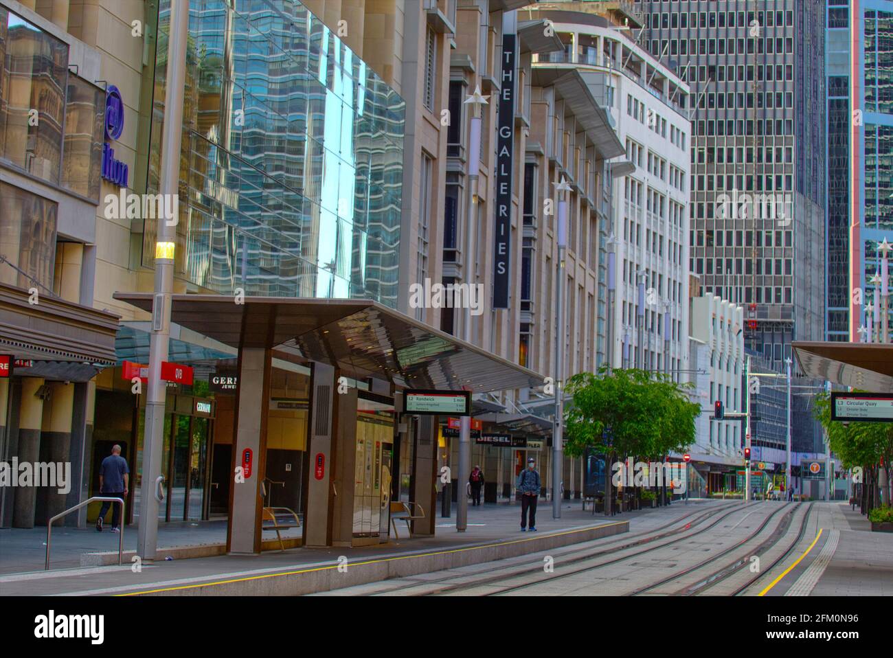 Sydney light rail stop with almost deserted street during covid 19 2020 George Street Sydney Australia Stock Photo