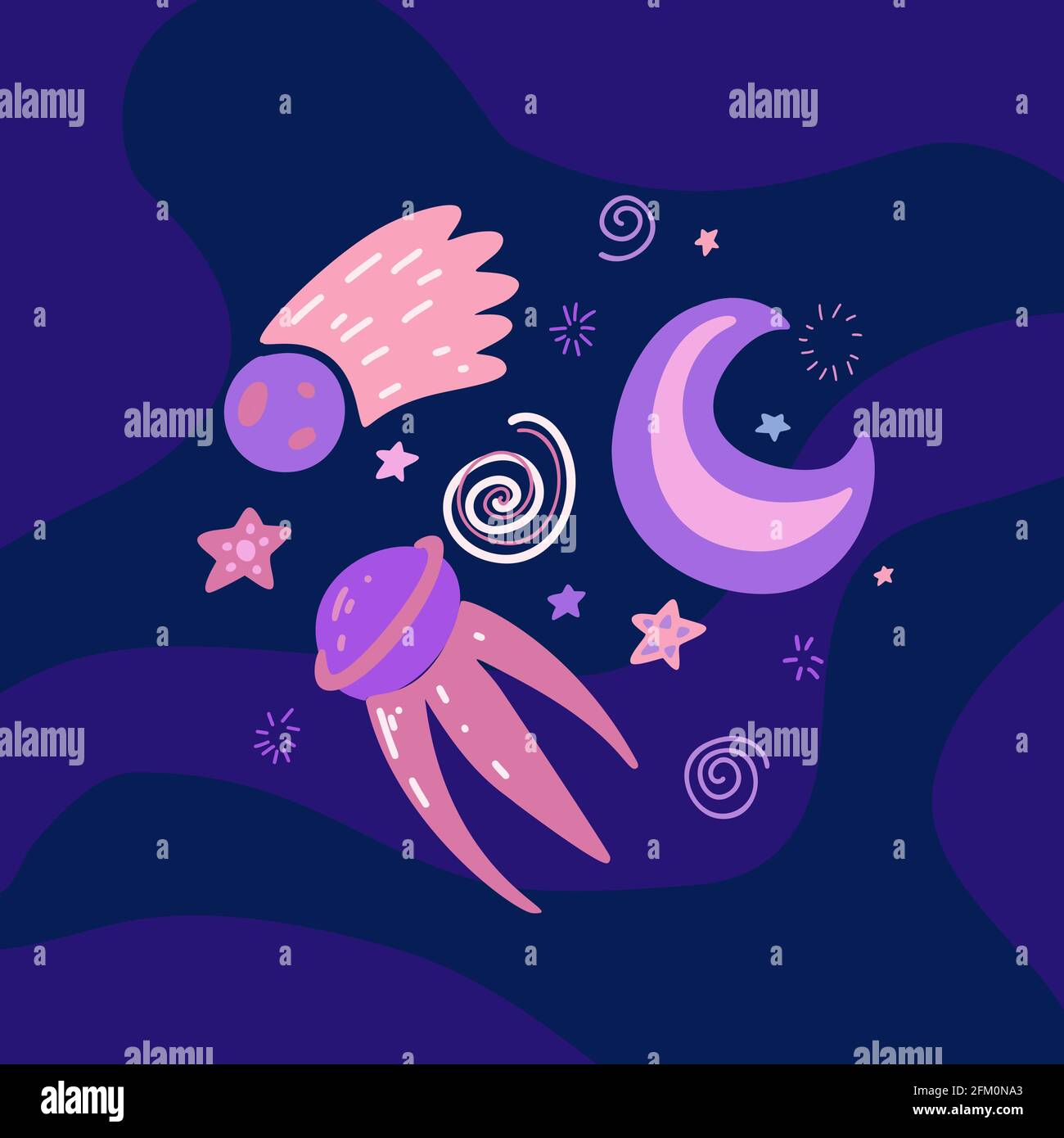 Childrens illustration of a space satellite, crescent moon, Saturn and stars on dark violet background. Space adventure. Galaxy exploration. Vector ha Stock Vector