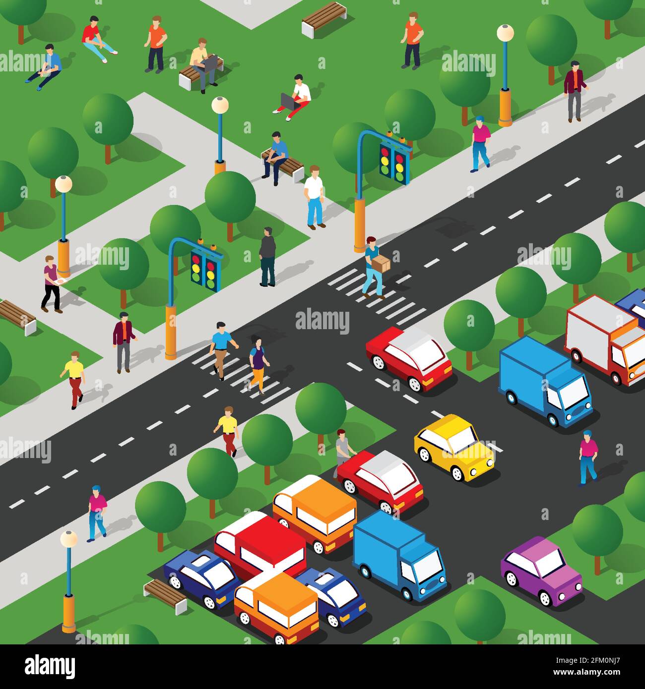 Isometric park with trees and people with benches Stock Vector Image ...
