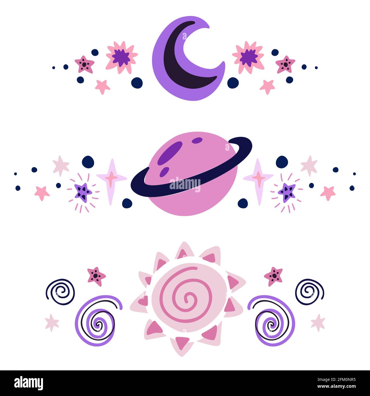 Set of spacers with stars, sun, crescent and planet. Vector space design elements. Hand drawn flat baby cosmos text delimiters for articles, invitatio Stock Vector