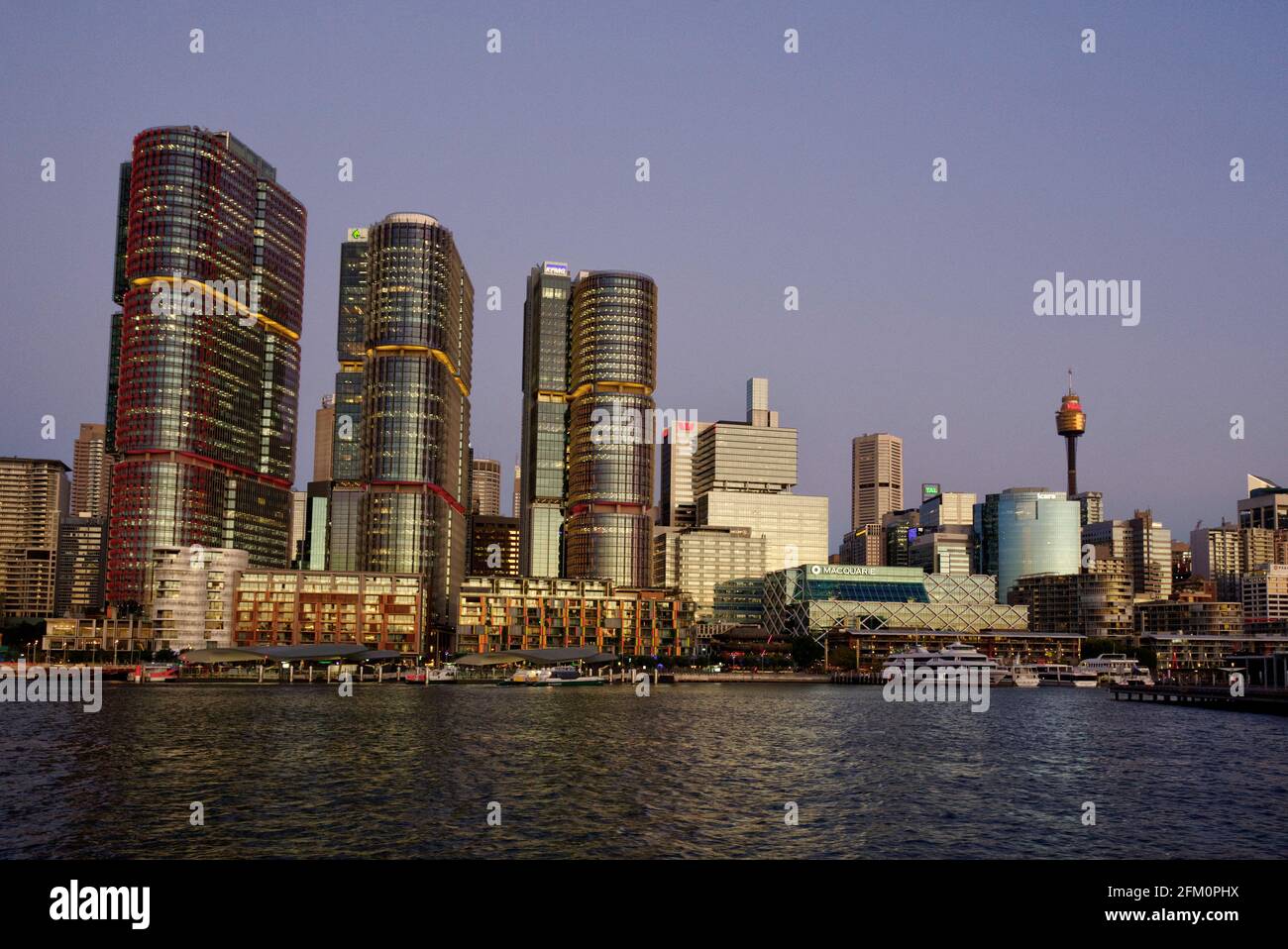 Sunset over the International Towers at Barangaroo on Darling Harbour Sydney New South Wales Australia Stock Photo