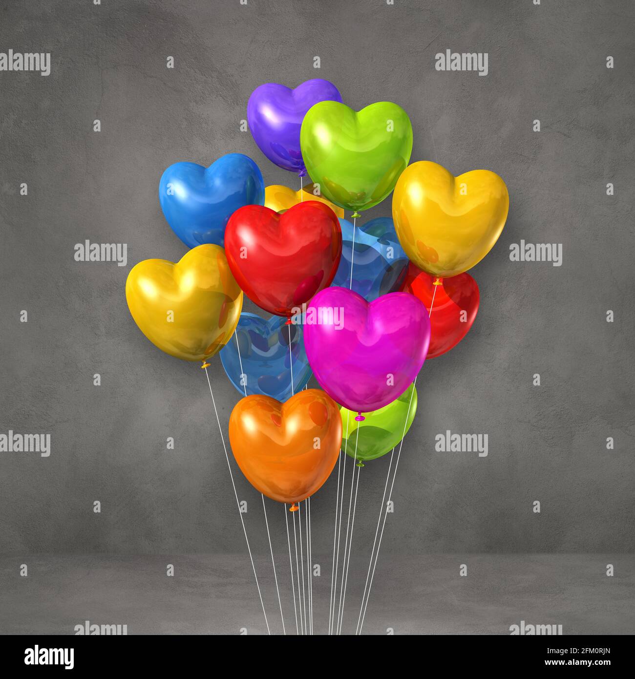 Colorful heart shape balloons bunch on a grey wall background. 3D ...