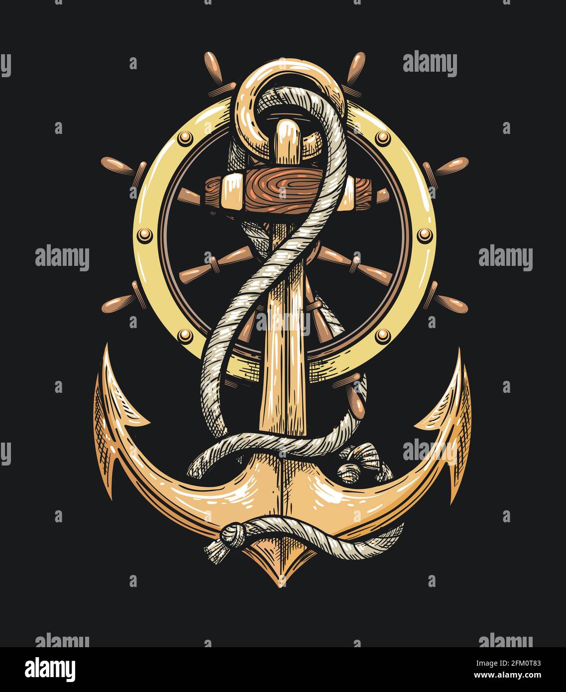 Ship Anchor and Steering Wheel drawn in Tattoo style. Vector illustration. Stock Vector